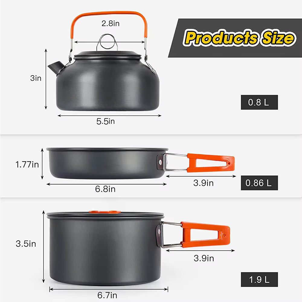 Camping Cookware Set – Non-Stick Pots & Teapot for 2–3 People