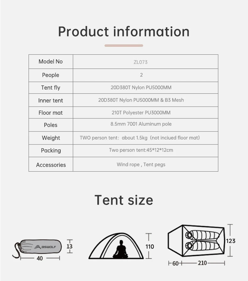 Ultralight Camping Tent Backpack Tent 20D Nylon Waterproof Outdoor Hiking Travel Tent Cycling Tent 1-2 Person