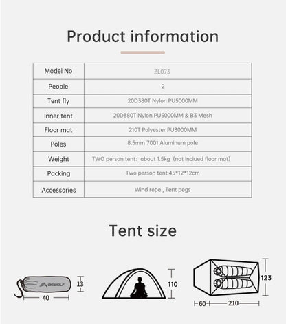 Ultralight Camping Tent Backpack Tent 20D Nylon Waterproof Outdoor Hiking Travel Tent Cycling Tent 1-2 Person