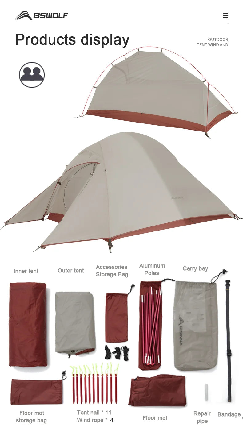 Ultralight Camping Tent Backpack Tent 20D Nylon Waterproof Outdoor Hiking Travel Tent Cycling Tent 1-2 Person
